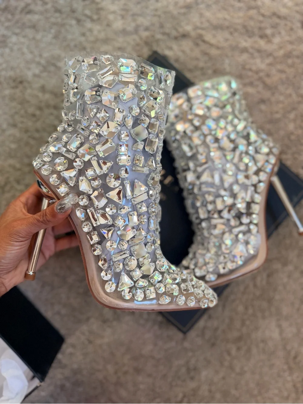 Azalea Wang Drippy Glass Crystal Embellished Stiletto Ankle Boots